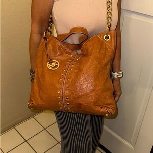 Michael Kors Brown Gold Leather Hobo Bag with Gold Accents